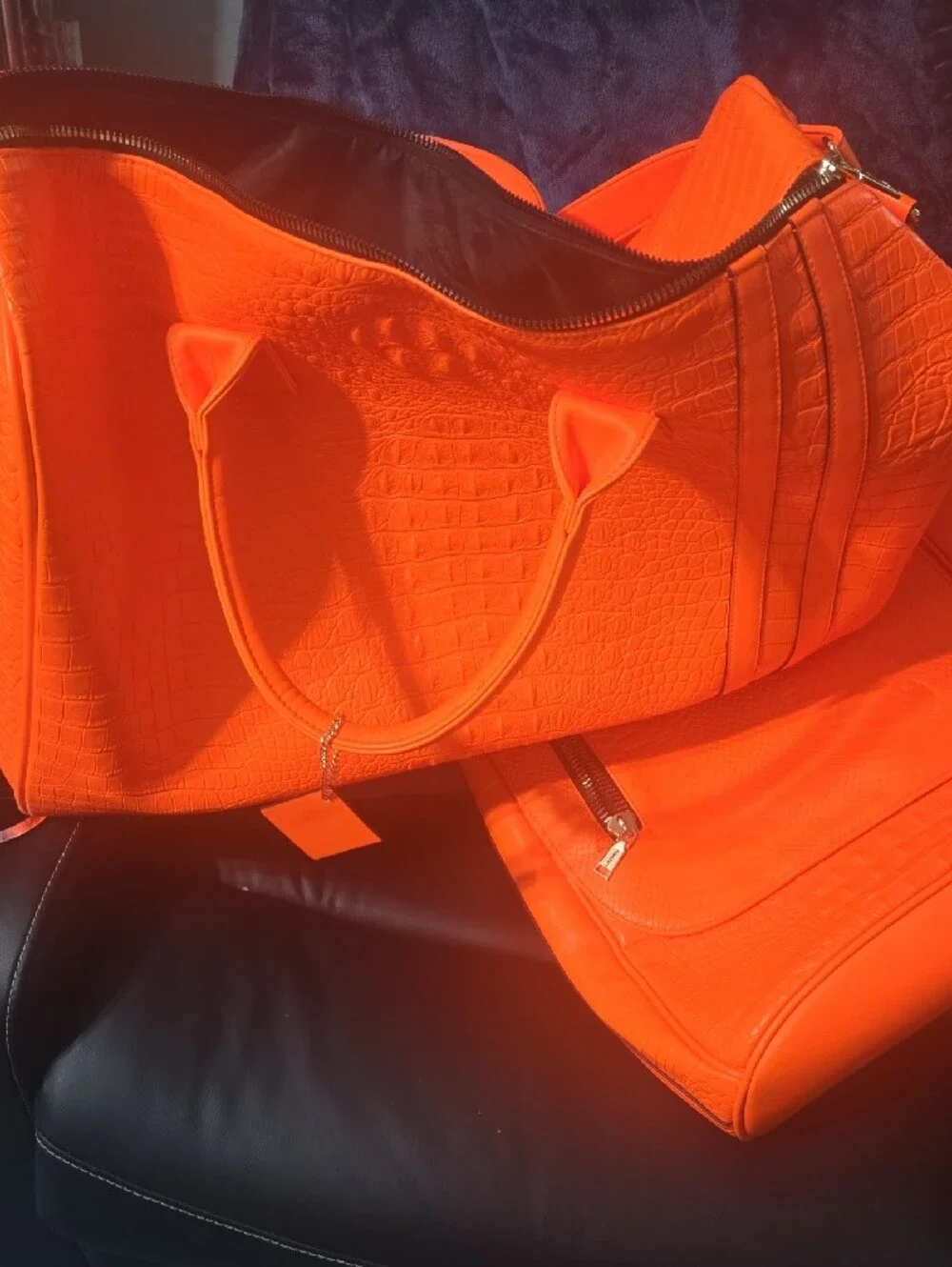 Orange Faux-Croc Tote and Travel Bag Set